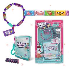 an assortment of toys including beads, bracelets and book with stickers on it