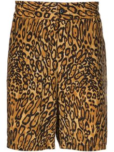 cognac brown/multicolour animal print front button and zip fastening two side slash pockets two rear jetted pockets straight hem thigh-length Chic Leopard Print Shorts, Chic Leopard Print Short Bottoms, Chic Short Leopard Print Bottoms, Chic Brown Knee-length Bottoms, Leopard Print Shorts With Built-in Shorts, Brown Workwear Bottoms With Built-in Shorts, Brown Bottoms With Built-in Shorts For Work, Brown Knee-length Shorts With Pockets, Leopard Print Bottoms With Built-in Shorts