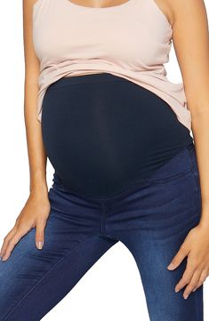 Classic skinnies cut to an ankle-grazing length are crafted with a stretchy, supportive over-the-belly waistband for a comfy fit throughout your pregnancy. 28" inseam; 10" leg opening; 13 1/2" back rise Over-the-belly waistband Faux front pockets; back patch pockets 79% cotton, 20% polyester, 1% spandex Machine wash, tumble dry Imported Stretch Denim Maternity Bottoms, Stretch Maternity Bottoms Bump Friendly, Back Patch, Nordstrom Store, Comfy Fits, Top Brands, Butter, Nordstrom, Spandex