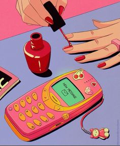 a painting of someone using a cell phone with nail polish on it and other accessories