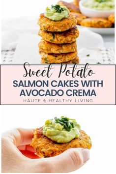 sweet potato salmon cakes with avocado cream on top, and a hand holding one