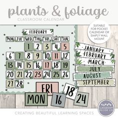 the printable calendar for plants and foliage is displayed on a wooden background with text that reads