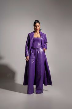 ONO Faux Leather Trench jacket in Purple Purple Leather Dress, Monochrome Purple Outfit, Red And Purple Outfit Ideas, Purple Business Casual, Purple Leather Outfit, Ceo Photoshoot, Purple Photoshoot, Afrofuturism Fashion, Leather Corset Top