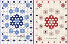 two quilts with different designs on them, one in red and the other in blue