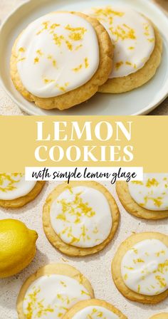 lemon cookies with simple lemon glaze are on a white plate next to some lemons