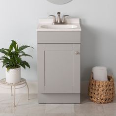 a white sink sitting under a mirror next to a potted plant