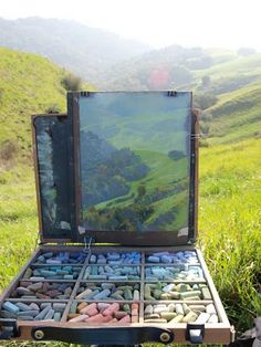 an open suitcase filled with rocks on top of a lush green hillside covered in grass