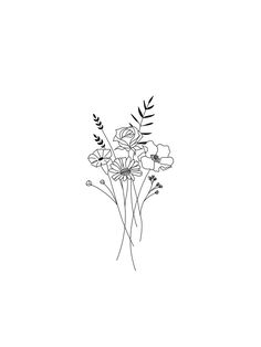 a black and white drawing of flowers on a white background