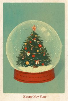 a snow globe with a christmas tree in it on a red base and blue background