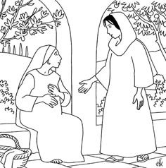 the nativity scene is depicted in black and white, with two women talking to each other