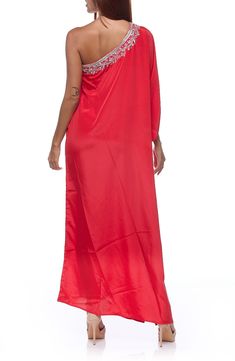 Make an unforgettable entrance at your next soirée in this lightweight and satiny ankle-skimming dress trimmed with sparkling embellishments along the one-shoulder neckline. One-shoulder neck 100% polyester Dry clean Imported Red One Shoulder Asymmetrical Dress For Prom, Red One Shoulder Dress With Asymmetrical Neckline For Prom, Embellished One-shoulder Holiday Dress, One-shoulder Embellished Holiday Dress, Red Silk One-shoulder Dress, Red One-shoulder Silk Dress, Holiday One-shoulder Embellished Dress, Holiday Embellished One-shoulder Dress, Embellished One Shoulder Evening Dress