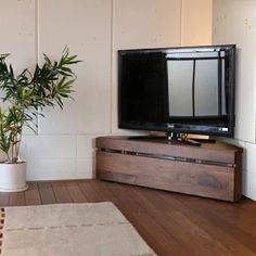 a flat screen tv sitting on top of a wooden stand next to a potted plant