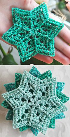 crocheted star ornament in green and white, with text overlay