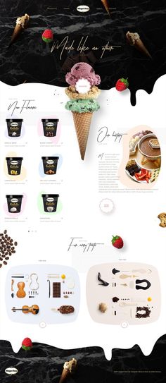 an ice cream advertisement is shown in this graphic art work, with chocolate and strawberries