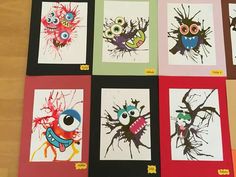 six different pictures of monster faces on red and green paper