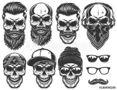 a set of skull heads with beards and mustaches in vintage style on white background