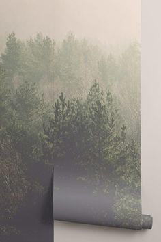 an image of trees in the fog on a wallpapered room with a roll of tape