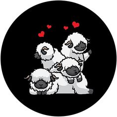 three white sheep with hearts on their backs in a black circle, surrounded by red hearts