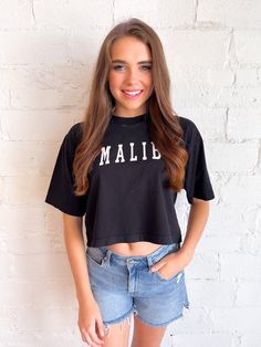 Malibu Crop Graphic Trendy Cropped T-shirt With Letter Print For Streetwear, Black Slogan Crop Top T-shirt, Trendy Crew Neck Crop Top For Streetwear, Casual Spring Crop Top With Logo Print, Summer Cropped Shirt With Logo Print, Trendy Logo Print Crop Top For Spring, Casual Logo Print Crop Top For Spring, Summer Casual Cropped Shirt With Logo Print, Casual Cotton Cropped Shirt With Text Print