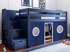 This Contemporary Low Loft Bed in Blue with a Blue & White Tent will look great in your Home Loft Twin Bed, Boys Loft Beds, Twin Low Loft Bed, Bed Ladder, Low Loft Bed, Bunk Bed Mattress, Contemporary Loft, Low Loft Beds, Twin Loft Bed