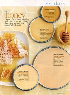 an advertisement for honey is shown in three different colors and sizes, with the words honey on it