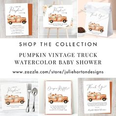 the pumpkin vintage truck watercolor baby shower is shown with its name and price tag