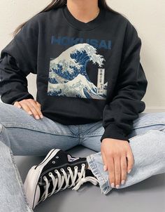 Hokusai Sweatshirt, Art Sweatshirt, Aesthetic Art Crewneck, Graphic Tee - Etsy Artistic Cotton Sweatshirt For Streetwear, Oversized Graphic Print Aesthetic Sweatshirt, Oversized Aesthetic Sweatshirt With Graphic Print, Artistic Graphic Print Sweatshirt For Streetwear, Artistic Crew Neck Sweatshirt With Letter Print, Aesthetic Long Sleeve Tops With Graphic Print, Cotton Aesthetic Relaxed Fit Sweatshirt, Long Sleeve Graphic Print Aesthetic Top, Long Sleeve Tops With Graphic Print In Aesthetic Style