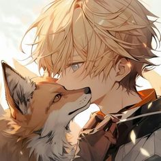 an anime character with blonde hair kissing a fox