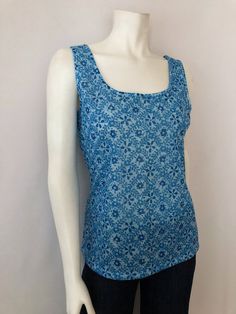 Vintage Women's 70's NOS, Blue, Floral, Tank Top by White Stag (L) by Freshandswanky on Etsy Blue Printed Sleeveless Top, Fitted Blue Printed Tops, Stretch Cotton Floral Print Tops, Stretch Cotton Tops With Floral Print, Printed Blue Cotton Tank Top, Blue Floral Print Sleeveless Top, Printed Cotton Blue Tank Top, Blue Sleeveless Floral Print Top, Blue Printed Cotton Tank Top