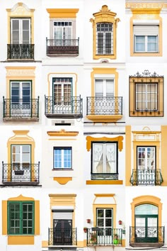 many different windows and balconies with green shutters