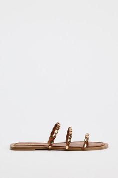 TRIPLE STRAP FLAT SANDALS - Brown | ZARA United States Zara Flats, Slider Sandals, Metal Detail, Beauty Sale, Brown Sandals, Zara United States, Flat Sandals, Bags Women, Heel Height