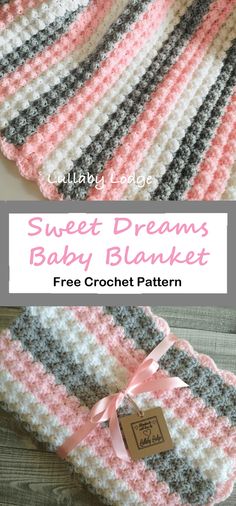 a crocheted baby blanket with pink, gray and white stripes on the bottom