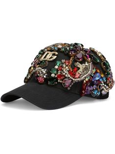 black/multicolour cotton rhinestone embellishment gold-tone logo plaque curved peak adjustable fit Brooch On Hat, Upcycled Baseball Cap, Fitted Hat Outfit Black Women, Bedazzled Hat, Black And Gold Fashion, Rhinestone Hat, Bone Bordado