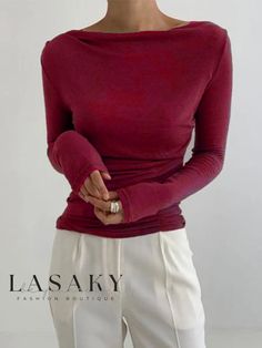 Lasaky - Chic Long Sleeve Fitted Solid Top for Women by Stylewe Wine Colored Top Outfit, Wine Red Top Outfit, Red Top Long Sleeve, Red Top Outfit, Women Tees, Coffee Black, Fitted Blouses, Red Long Sleeve, Tights Outfit