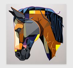 an abstract painting of a horse's head with different colors and patterns on it