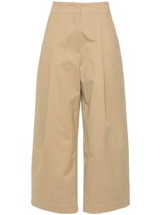 beige cotton twill weave pleat detailing high waist concealed front fastening two side slit pockets two rear welt pockets wide leg cropped leg Trousers Women Wide Leg, Studio Nicholson, Yoko London, Twill Weave, Short Jumpsuit, Tailored Trousers, Wide Leg Trousers, Welt Pockets, Cropped Pants