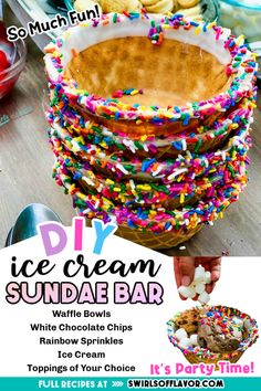 an advertisement for ice cream sundae bar with sprinkles and toppings