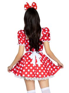 You’ll be the most marvelous babe around in the iconic Leg Avenue Polka Dot Costume Dress Set. The charming cartoon costume features a polka dot dress with ruched bodice and matching bow headband. Highlight your cutest curves with the ruffled trimmed circle skirt, ruched sweetheart bodice, and bow accent. Top off this Minnie inspired look with the matching bow headband. You'll be ready for Disney Bounding. To complete your outfit, pair this costume dress with the Leg Avenue Nylon Thigh Highs and Toddler Boy Costumes, Cartoon Costume, Headband Costume, Cartoon Costumes, Chemise Dress, Festival Costumes, Costume Themes, White Polka Dot Dress, Leg Avenue