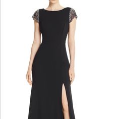 New With Tags Long Dress Black Sheath Dress For Gala, Black Sheath Evening Dress For Gala, Black Short Sleeve Dress For Gala, Black Sheath Maxi Dress For Cocktail, Black Sheath Cocktail Maxi Dress, Black Sheath Maxi Evening Dress, Black Sheath Midi Dress For Gala, Black And White Gown, Aidan Mattox Dress