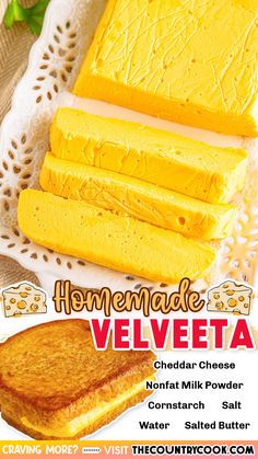 an advertisement for homemade velveeta cheese on a doily with bread slices