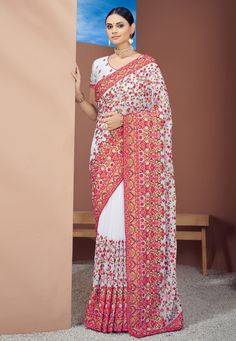 Georgette Saree With Blouse, Reception Saree, Buy Designer Sarees Online, Gudi Padwa, Resham Work, Celebrity Gowns, Latest Indian Saree, White Saree