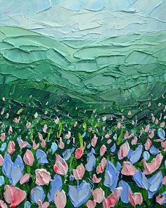 a painting of blue and pink flowers with green hills in the background