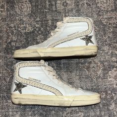 High Top Golden Goose. Barely Worn. Luxury Embellished White Sneakers, Luxury White Sneakers With Rhinestones, White Embellished High-top Sneakers, White Rhinestone Round Toe Sneakers, White Embellished Lace-up Sneakers, Elegant Embellished White Sneakers, Elegant White Embellished Sneakers, White High-top Sneakers With Rhinestones, Elegant White High-top Sneakers