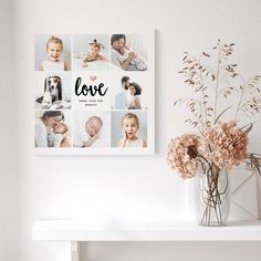 a white shelf with a vase and flowers on it next to a framed love photo