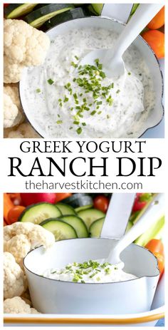 greek yogurt ranch dip with cucumbers and cauliflower in the background