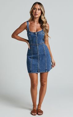 Chrysoula Mini Dress - Square Neck Zip Front Sleeveless Bodycon Denim in Mid Blue Wash | Showpo USA Denim Bodycon Dress, Basic Black Dress, Navy Bridesmaid Dresses, White Long Sleeve Dress, Jean Dress, Long White Dress, Chambray Dress, Denim Mini Dress, Corset Style