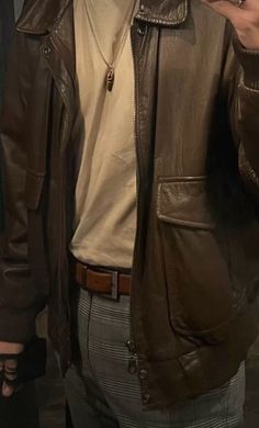 Brown Aesthetic Fashion Men, Brown Jacket Outfit Men Aesthetic, Dark Acedima Aesthetic Outfits Men, Male Aethestic Outfit, Soft Grunge Mens Fashion, Dark Acedamia Outfit Ideas Men, Mens Brown Leather Jacket Outfit, Adventure Core Outfits Men, Soft Masculine Aesthetic