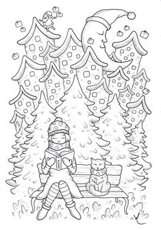 a black and white drawing of a person sitting on a bench in front of trees