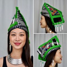 Hmong clothes - Green - Hmong Custom Clothes Adjustable Festival Costume Cap, Adjustable Brimmed Green Mini Hats, Green Adjustable Sun Hat For Festival, Green Curved Brim Hat For Festivals, Adjustable Green Brimmed Mini Hats, Adjustable Festival Hat Headpiece, Adjustable Multicolor Costume Cap, Adjustable Green Headpiece For Festivals, Adjustable Festival Mini Cap