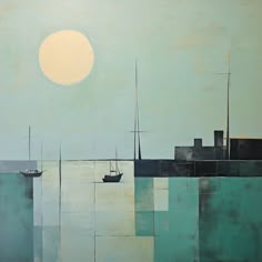 an abstract painting with boats floating in the water at sunset or sunrise, and a full moon behind them